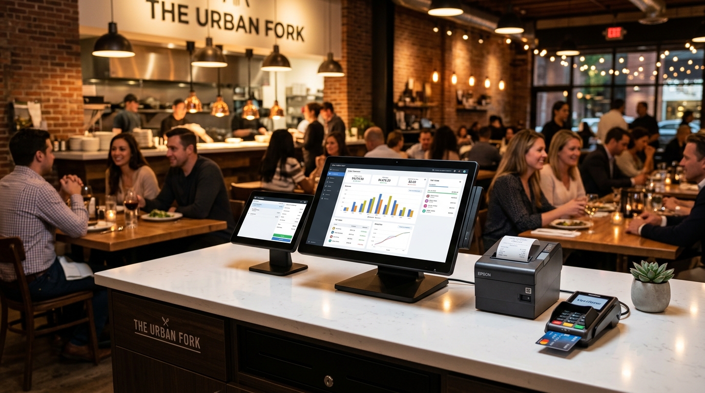 Restaurant counter with dual-screen POS billing terminal and financial dashboard